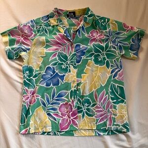 Hilo Hattie Tropical Shirt with Green, Pink, and Yellow